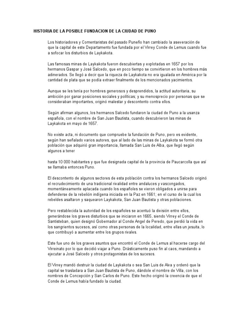 Puno Perú; Guía de Viaje de Puno 2 La fundación de la ciudad de Puno